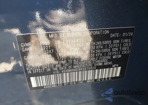 2024 Subaru Ascent Touring 7-Passenger из США, поврежденный, VIN 4S4WMAWD8R3418800